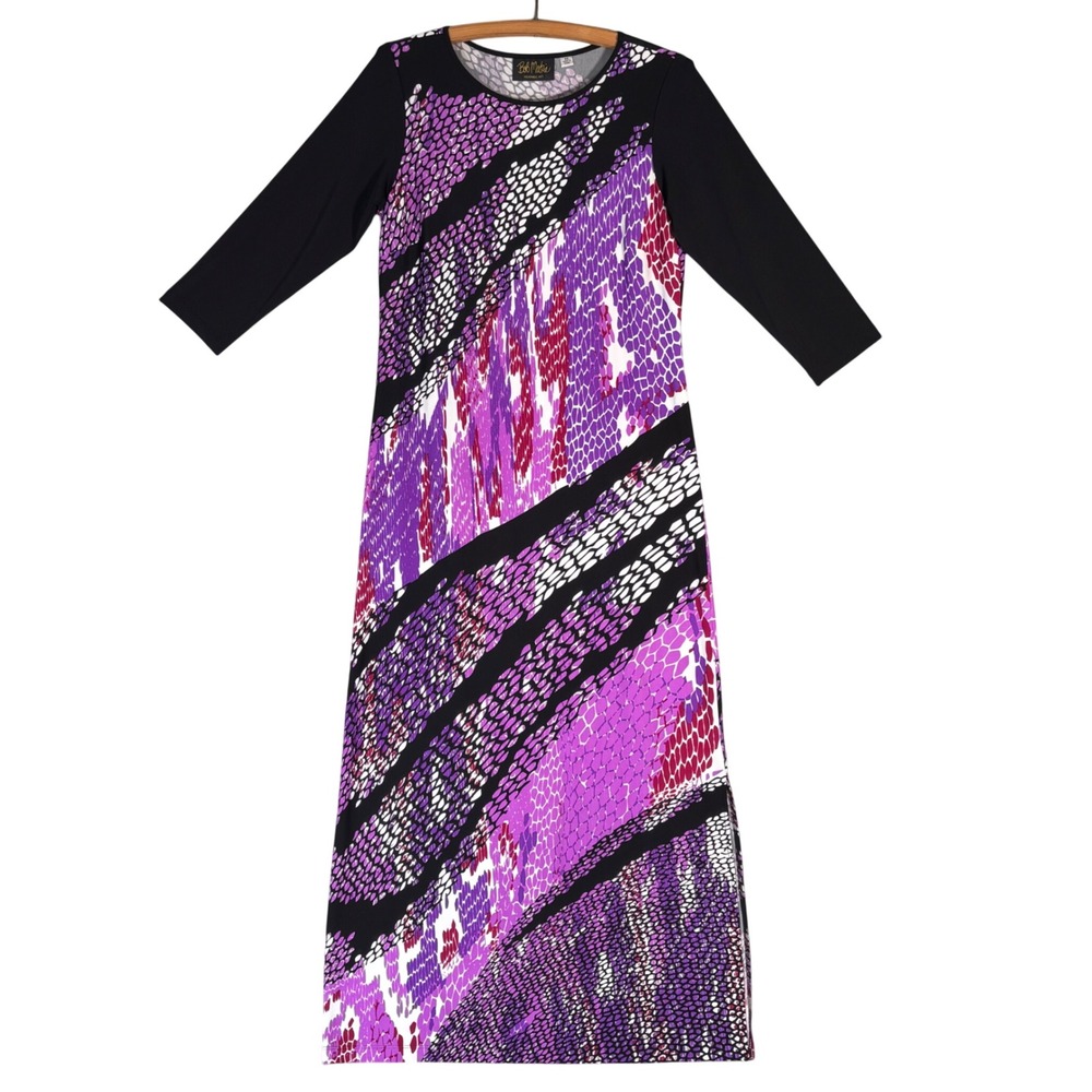 Bob Mackie Wearable Art Purple Abstract Snakeskin Maxi Dress XS 3/4 Sleeve Artsy